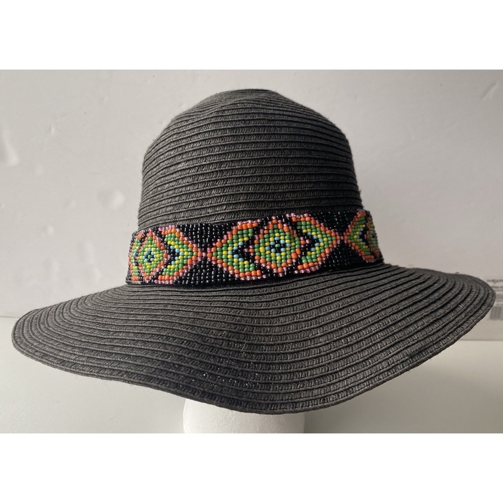 Lucy Love Beaded Sun Hat Black Woven Straw Beaded Band OS